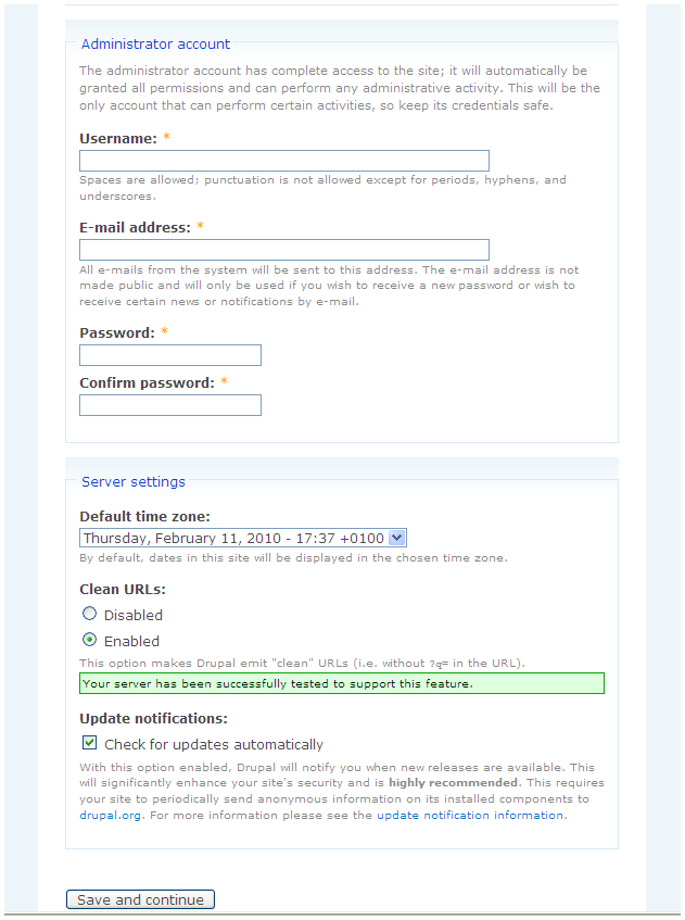 Drupal Installation Seite konfigurieren