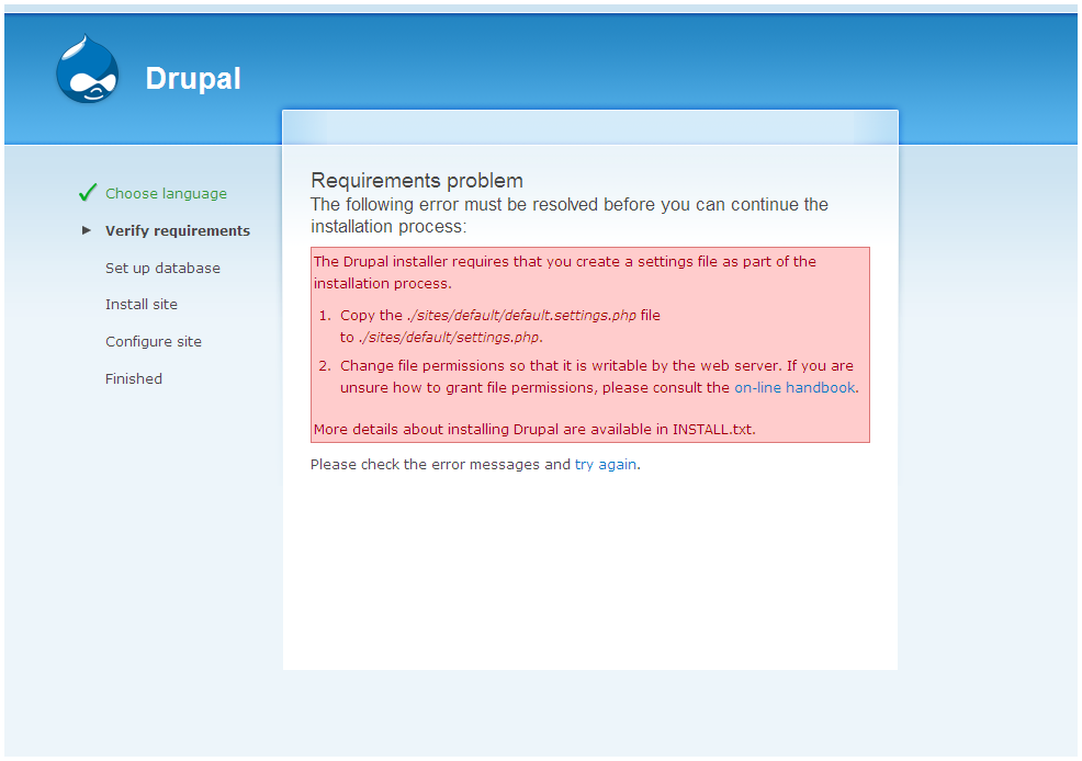 Drupal Installation settings.php umbenennen