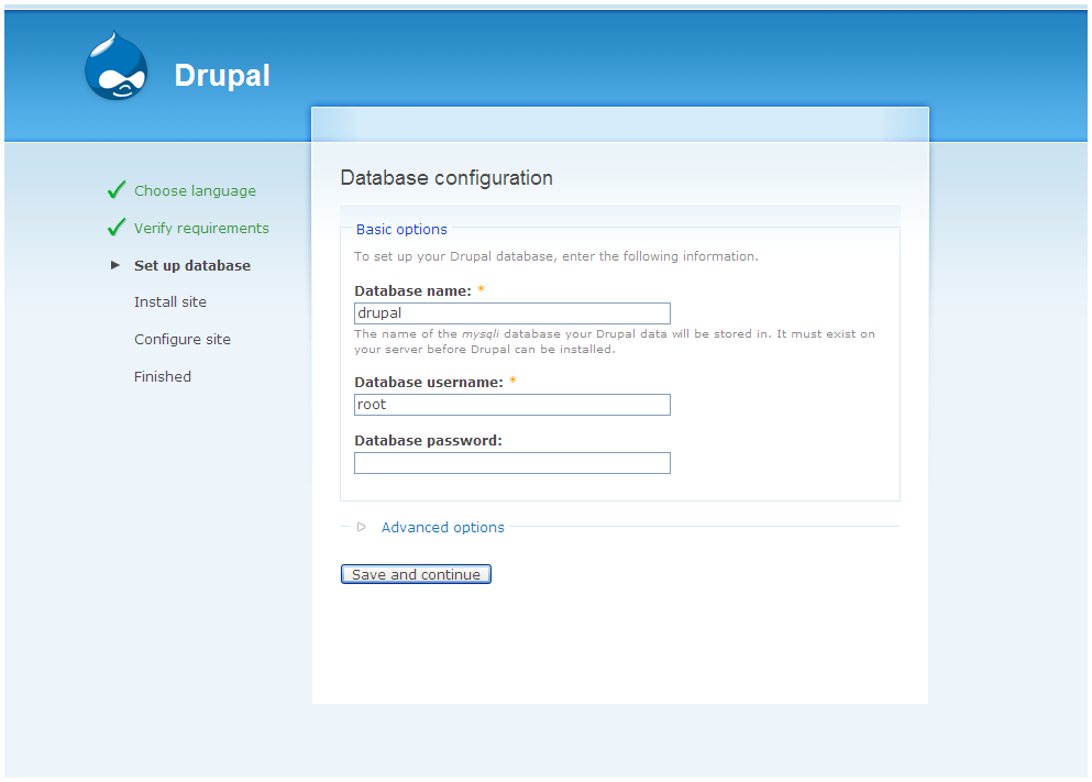 Drupal Installation Datenbank Konfiguration
