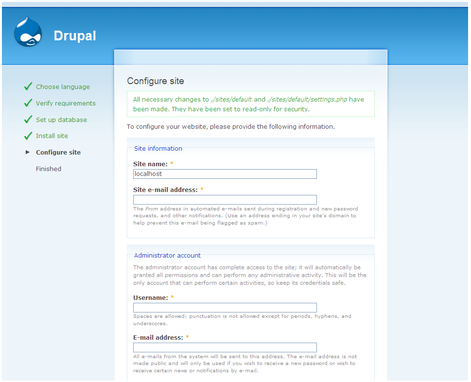 Drupal Installation Seite konfigurieren