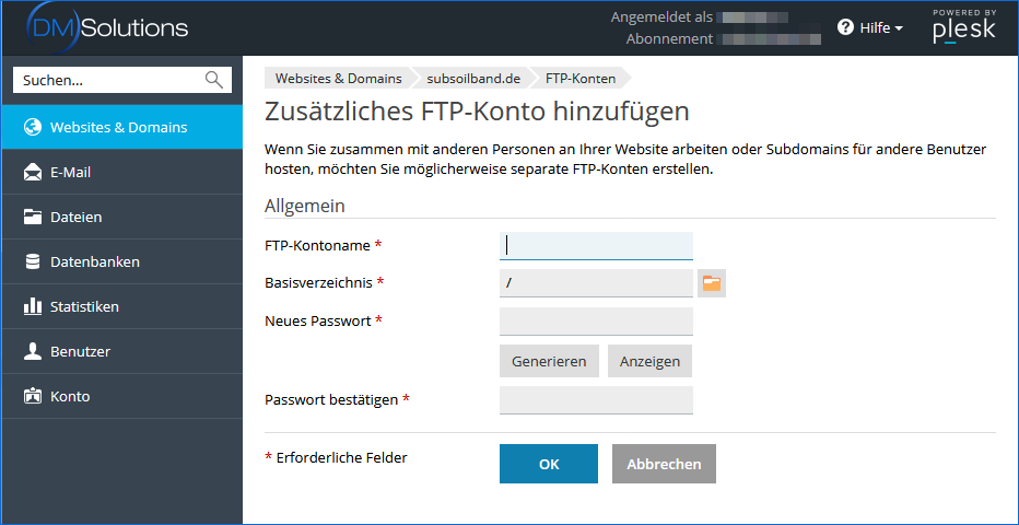 Plesk FTP-Benutzer anlegen