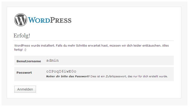 WordPress Installation Abschluss