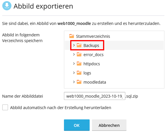 Datenbank Abbild exportieren