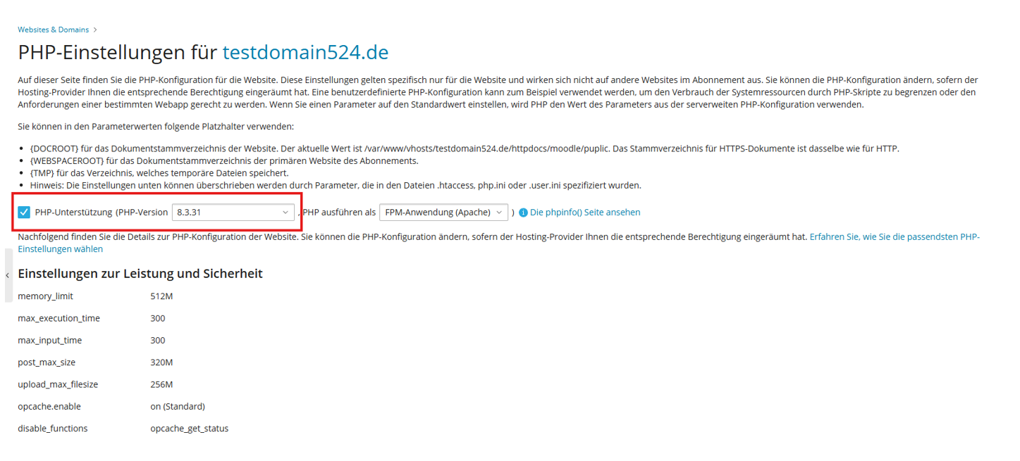 Moodle 5.1 Installationsanleitung - PHP Version in Plesk auswählen