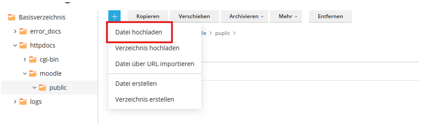 Moodle 5.1 Installationsanleitung - Datei in Plesk hochladen