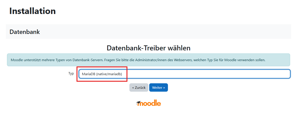 Moodle 5.1 Installationsanleitung - Auswahl der Datenbank-Version