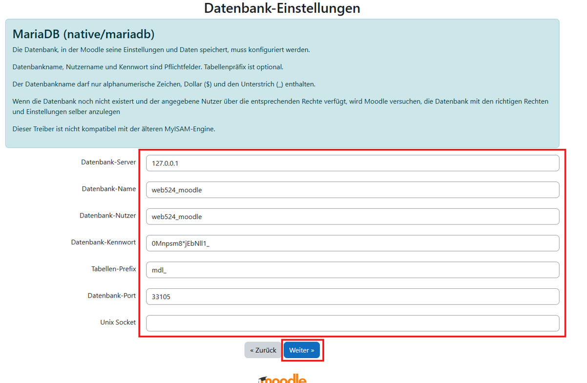 Moodle 5.1 Installationsanleitung - Eingabe der Datenbank-Konfigurationsdaten