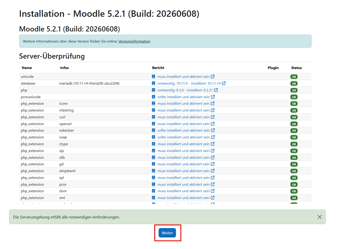 Moodle 5.1 Installationsanleitung - Moodle Server-Überprüfung vor der Datenbank-Installation
