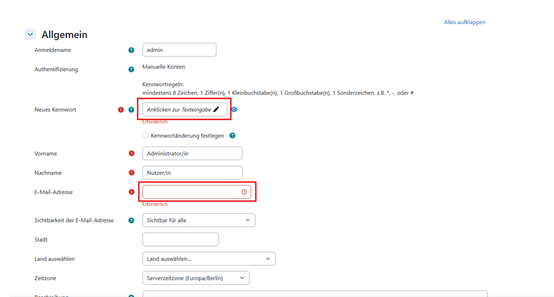 Moodle 5.1 Installationsanleitung - Eingabe der Moodle Administratordaten