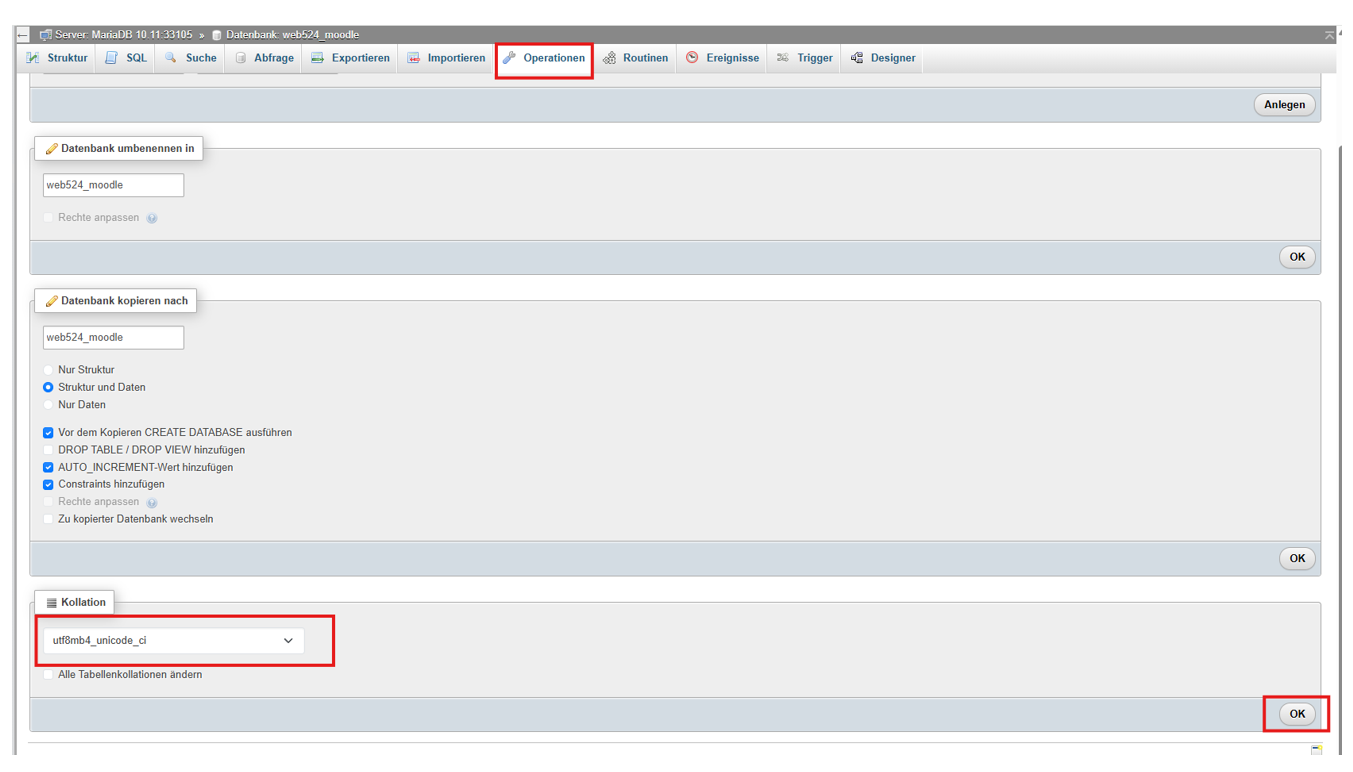 Moodle 5.1 Installationsanleitung - Zeichensatz in phpMyAdmin für Moodle vorbereiten