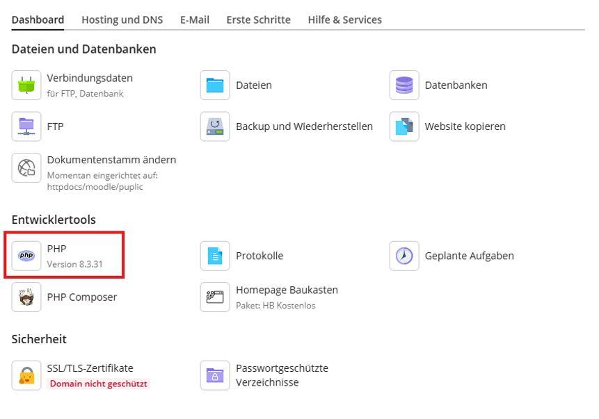 Moodle 5.1 Installationsanleitung - PHP Version in Plesk festlegen