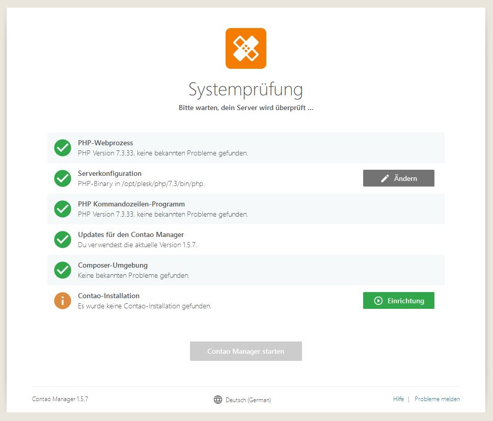 Contao Installationsanleitung - Contao Manager Systemprüfung