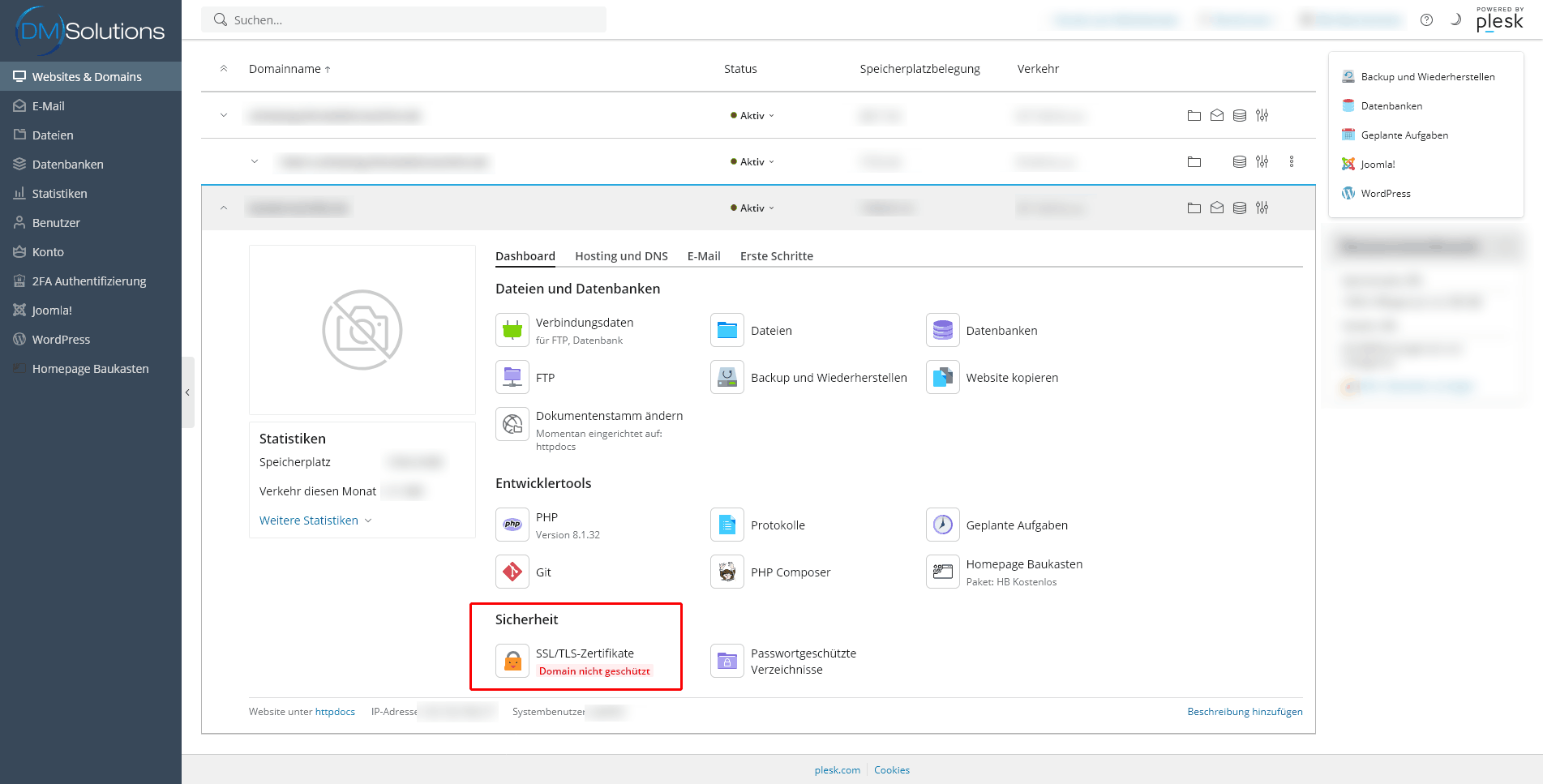 Plesk Dashboard - Öffnen der Übersicht aller SSL Zertfikate