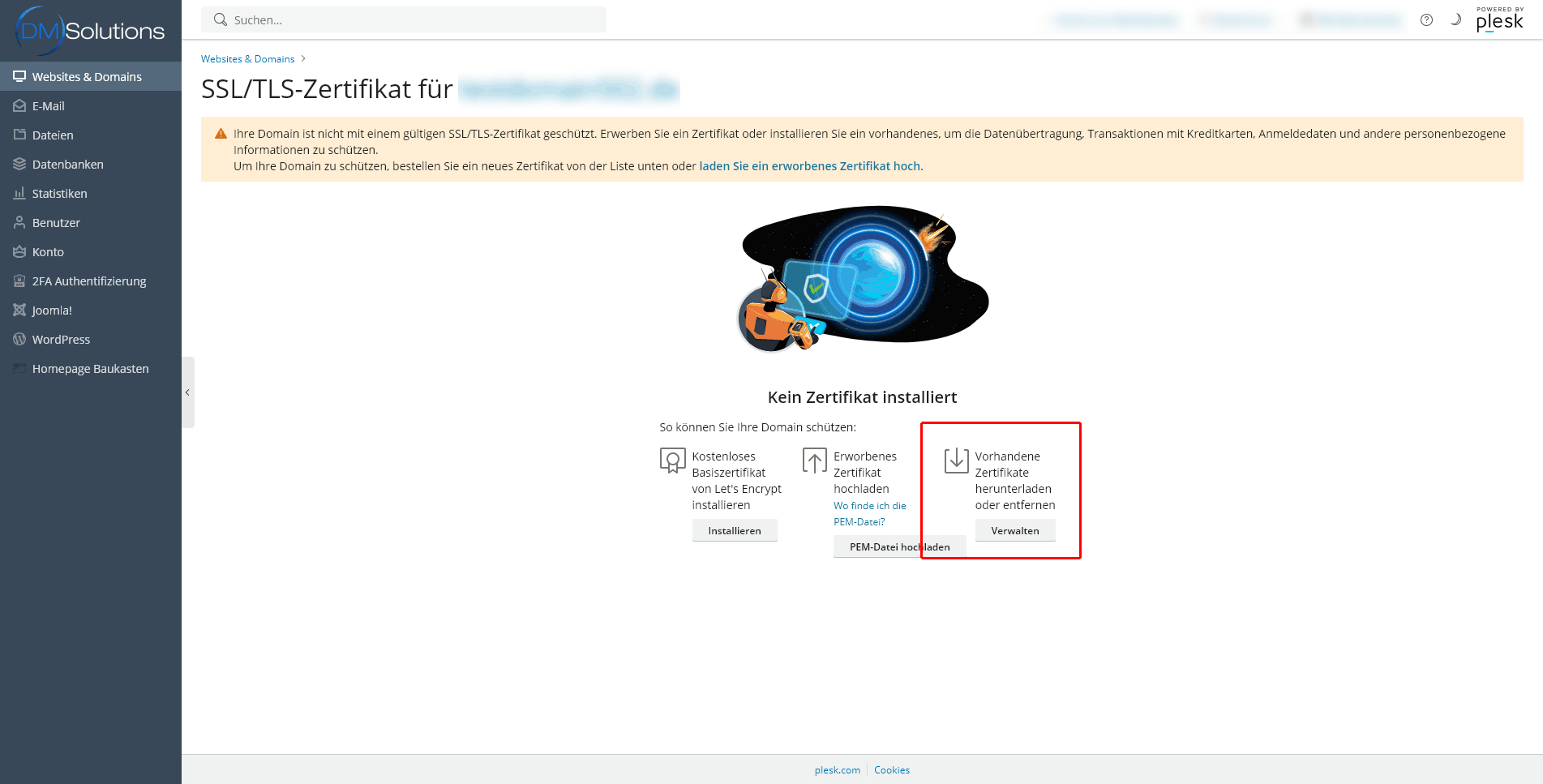 Plesk SSL Zertifikatsübersicht - Verwalten vorhandener SSL Zertifikate
