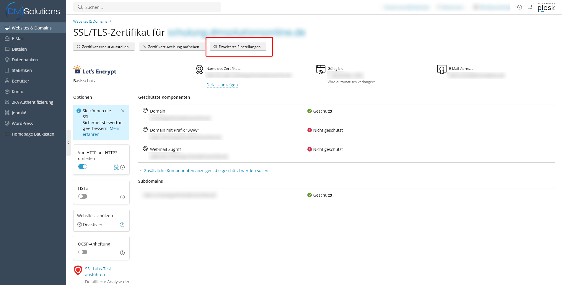 Plesk SSL Zertifikatsübersicht - Übersicht des aktiven SSL Zertifikates einer Domain