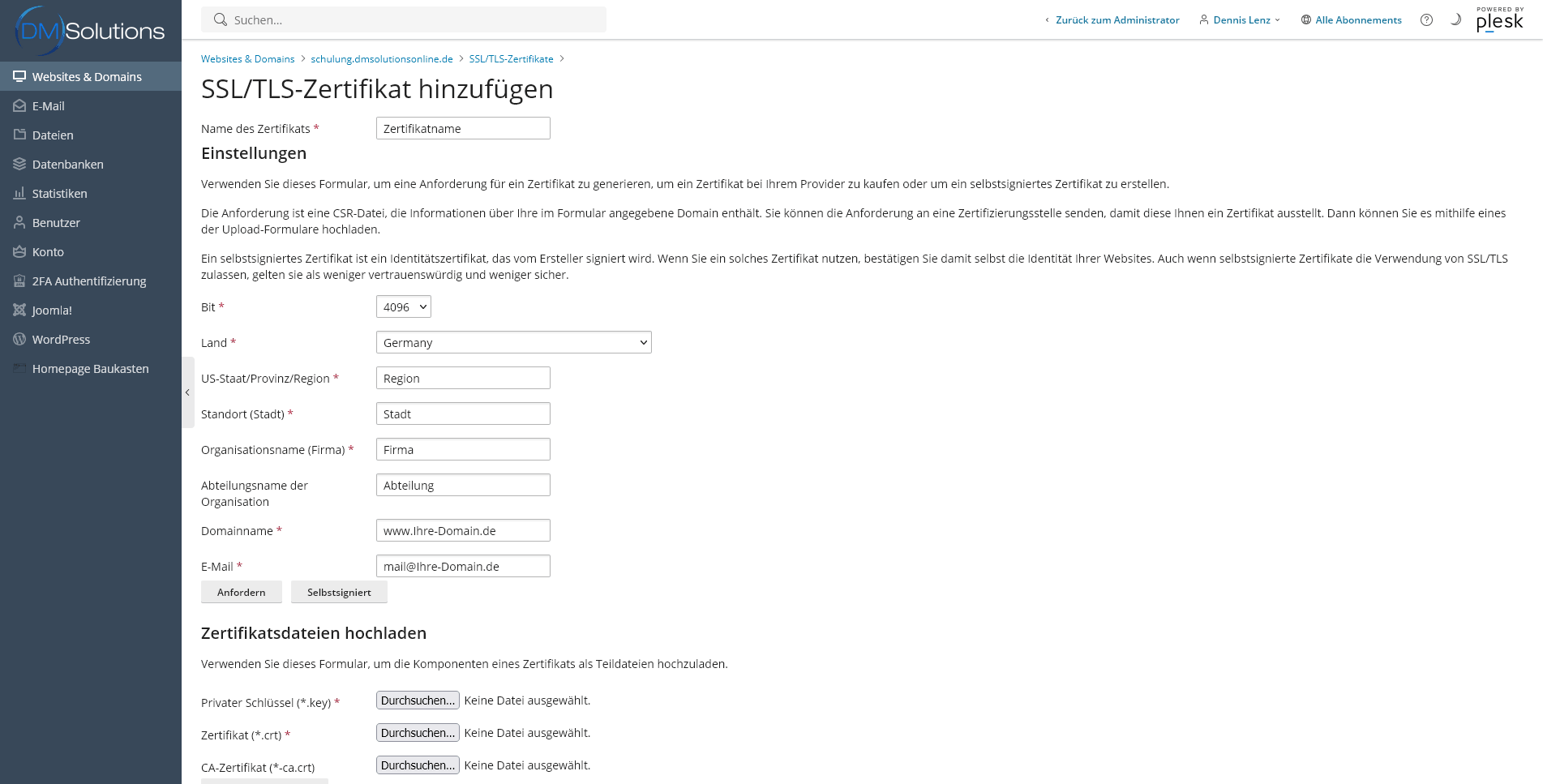 Plesk Anlage eines neuen SSL Zertifikats - Angabe der Daten des Zertifikatinhabers
