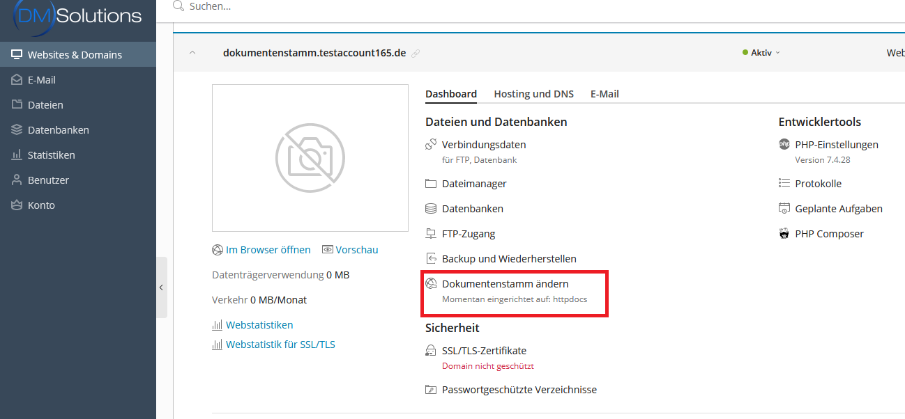 Plesk - Dokumentenstamm anzeigen