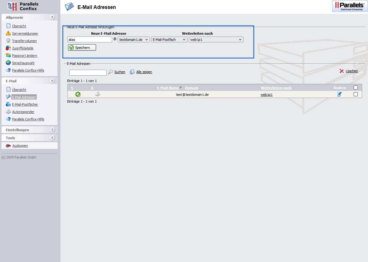 Einrichtung eine E-Mail-Alias - Confixx Postfachübersicht