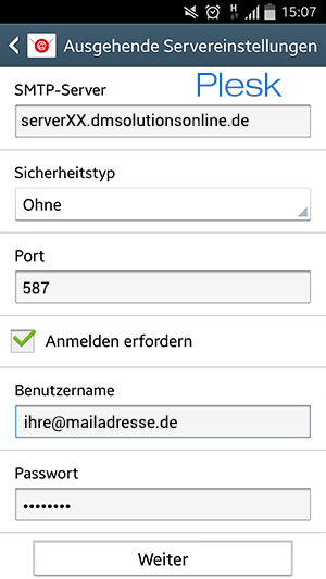 Einrichten eines Plesk Postfachs auf einem Android-Smartphone