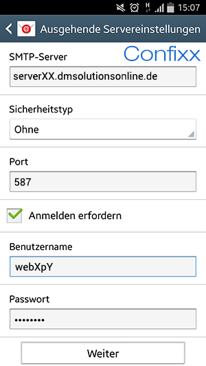 Einrichten eines Confixx Postfachs auf einem Android-Smartphone