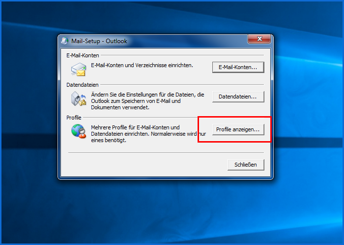 Neues Outlook Profil erstellen - Profile öffnen