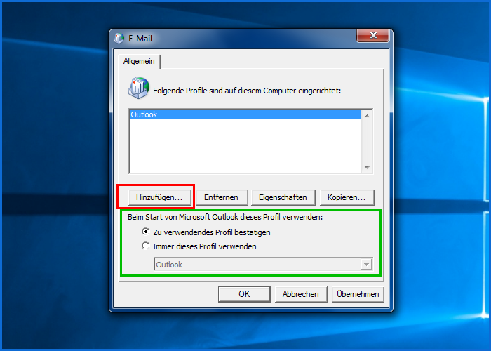 Neues Outlook Profil erstellen - Neues Profil anlegen