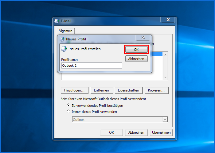 Neues Outlook Profil erstellen - Neues Profil speichern