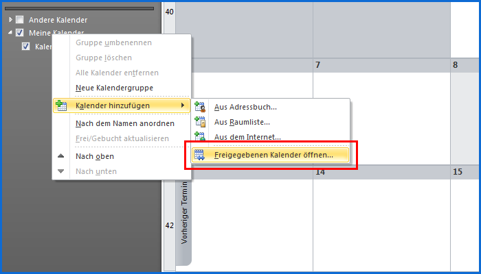 Einbinden eines freigegebenen Kalenders - Kalender öffnen