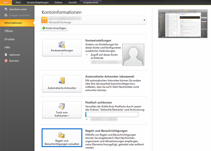 Einrichtung Umleitung Outlook - Regelübersicht öffnen