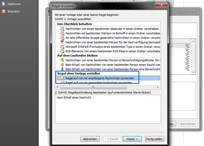 Einrichtung Umleitung Outlook - Nachrichten für Regel bestimmen