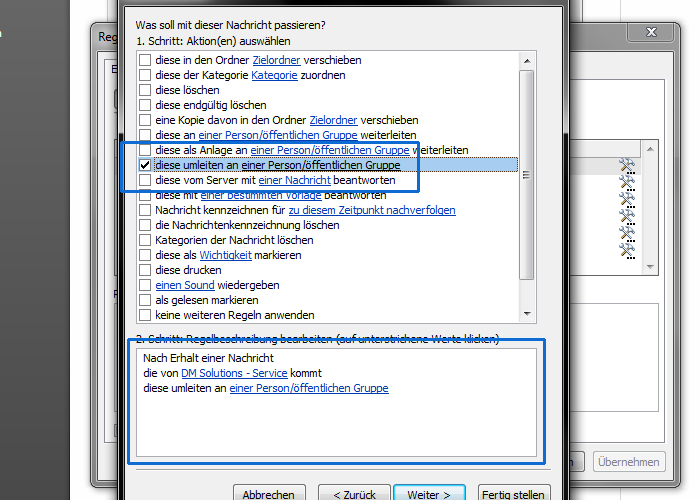 Einrichtung Umleitung Outlook - Aktionen festlegen