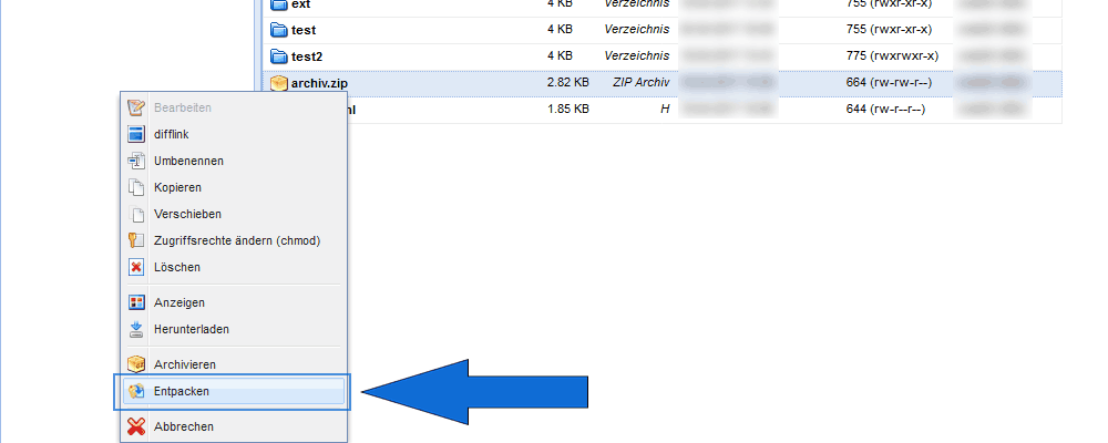 eXtplorer Archiv entpacken