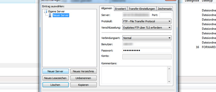 Filezilla neue Verbindung speichern