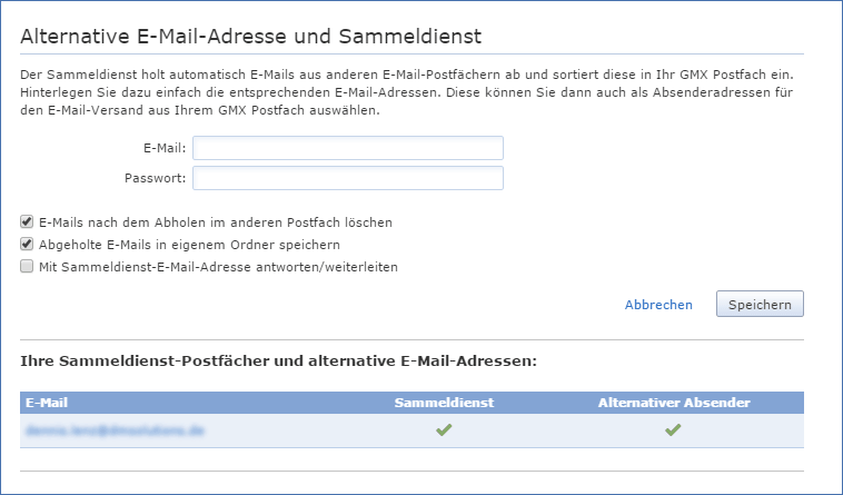 GMX E-Mail-Adresse eingetragen