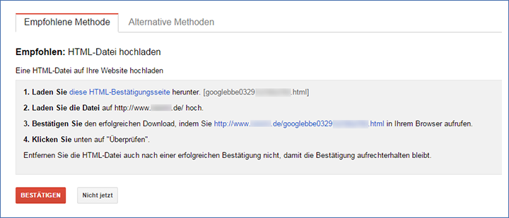 Webmaster Tools Seite bestätigen