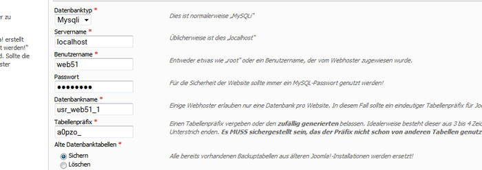Joomla 2.5 installieren - Datenbankinformationen eintragen