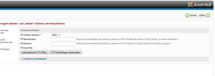 Joomla 2.5 installieren - FTP Daten eintragen