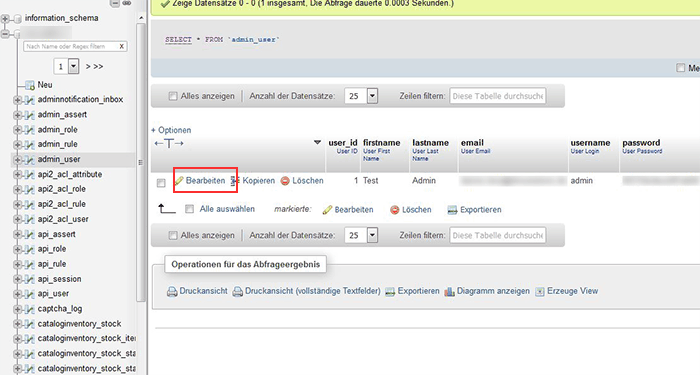 phpMyAdmin Tabelle admin_user