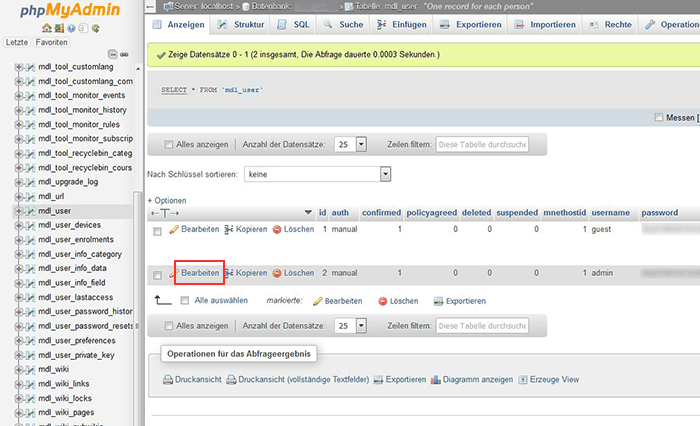 phpMyAdmin Tabelle mdl_user