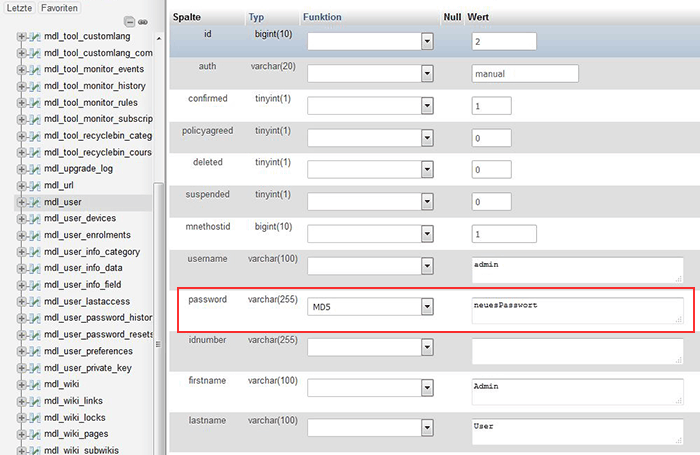 phpMyAdmin Moodle Admin Passwort ändern