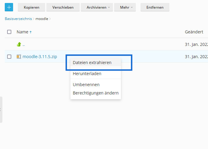 MOodle in Plesk entpacken