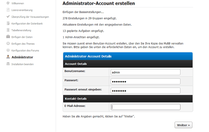 Angaben für Administrations-Zugang