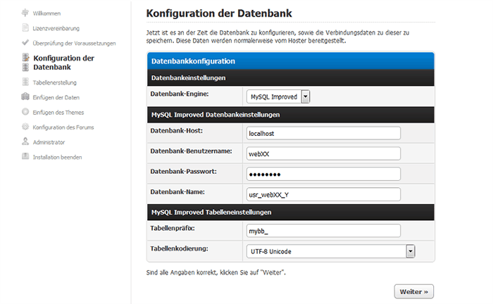 Konfiguration der Datenbank