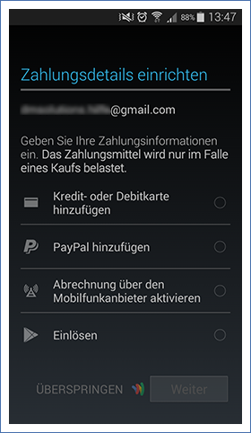 Google Konto Zahlungsdetails