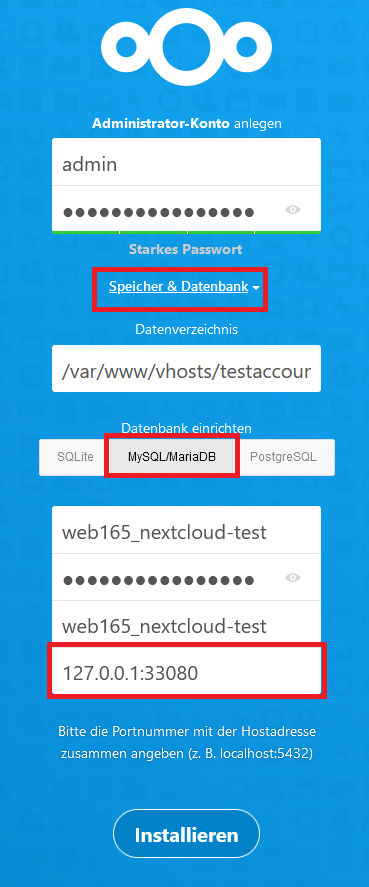 Nextcloud Datenbankeinstellungen