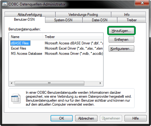 ODBC Verbindung hinzufügen