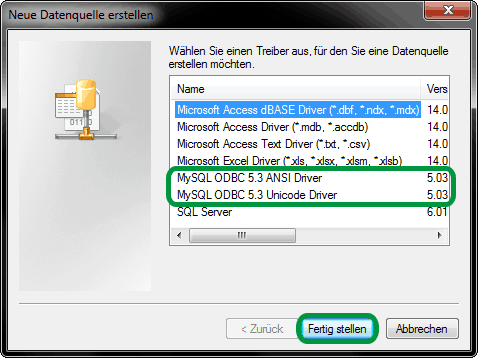 ODBC Treiber wählen