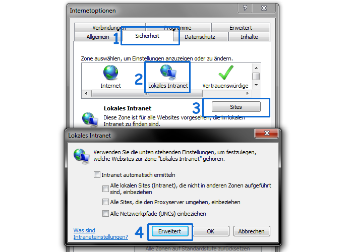 Outlook Passwort speichern - Lokales Intranet erweitern
