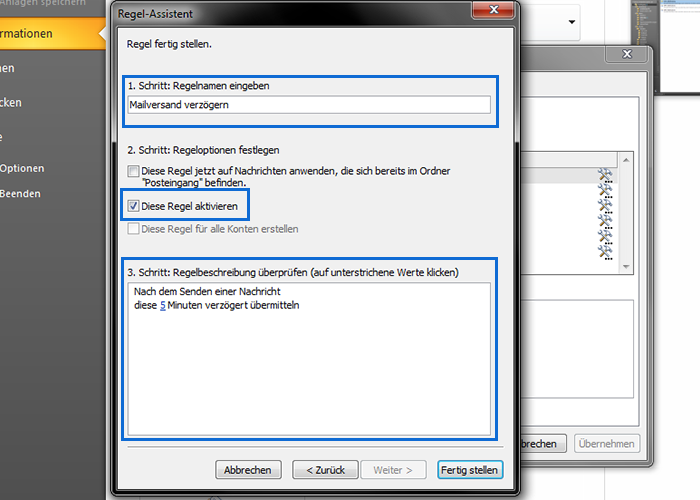 Outlook Versand verzögern - Regel speichern