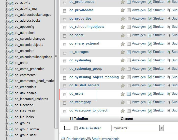 phpMyAdmin Owncloud Benutzer finden